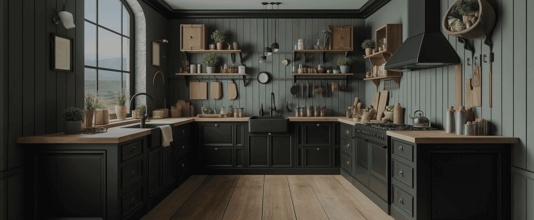 Eine moderne Küche mit schwarzer Farbgebung und minimalen Hängeschränken, die im rustikalen Bauernhausstil gestaltet ist. 